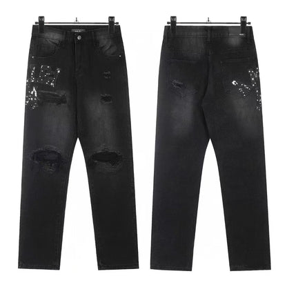 Cross-Border Foreign Trade AM American High Street Ripped Patch Letter Embroidery Washed Slim Straight Skinny Jeans Long Pants