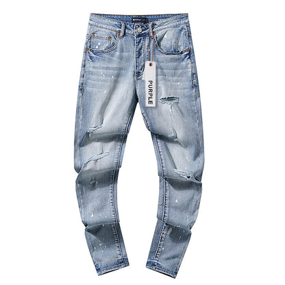 Jeans Washed and Distressed Retro Tattered Jeans Splash Ink Ruffle Handsome and Beautiful Style