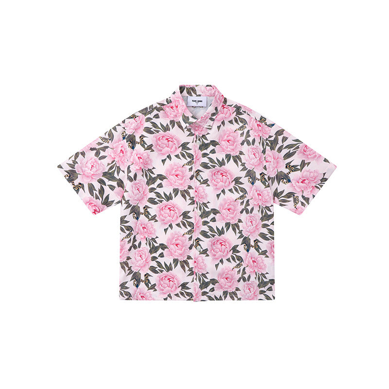 Peony Floral Short Sleeve Shirt Flower Men & Women Trendy Loose Casual Top