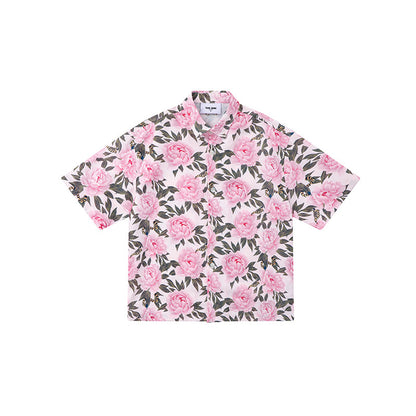 Peony Floral Short Sleeve Shirt Flower Men & Women Trendy Loose Casual Top
