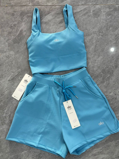 Al Yoga Bra High Elasticity Sleeveless Waffle Solid Color Tank Top Shorts Casual Set Yoga Fitness