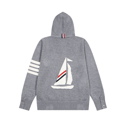 Tom Browne TB Sailboat Hooded Cardigan Color Block Zipper Knitted Sweater Jacket