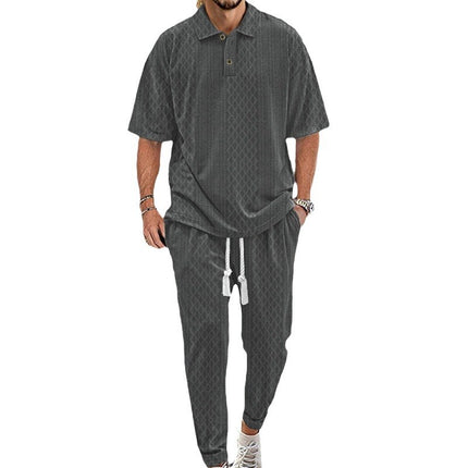 2025  Short-Sleeved Men's T-shirt Loose Leisure Suit Summer Simplicity Solid Color Jacquard Heavy T-shirt Trousers Suit