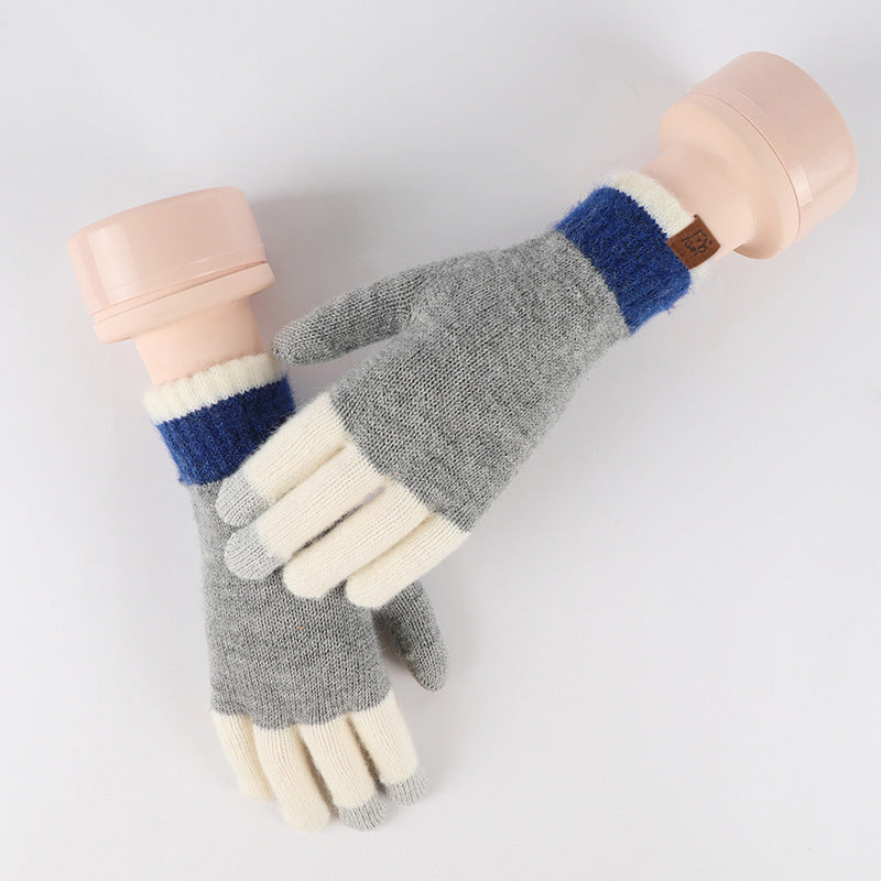 2024 Winter Popular Japanese Wool Knitted Plaid Gloves Fleece-lined Thickened Cycling Five-Finger Touch Screen Warm Gloves