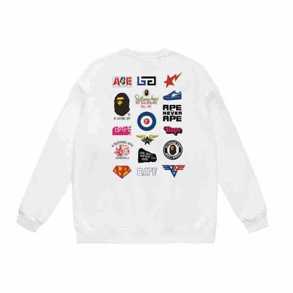 Terry Sweatshirt with Ape Man Letter Print, Unisex, Pure Cotton, Loose Fit, Thin, Crew Neck Pullover Top, Outerwear