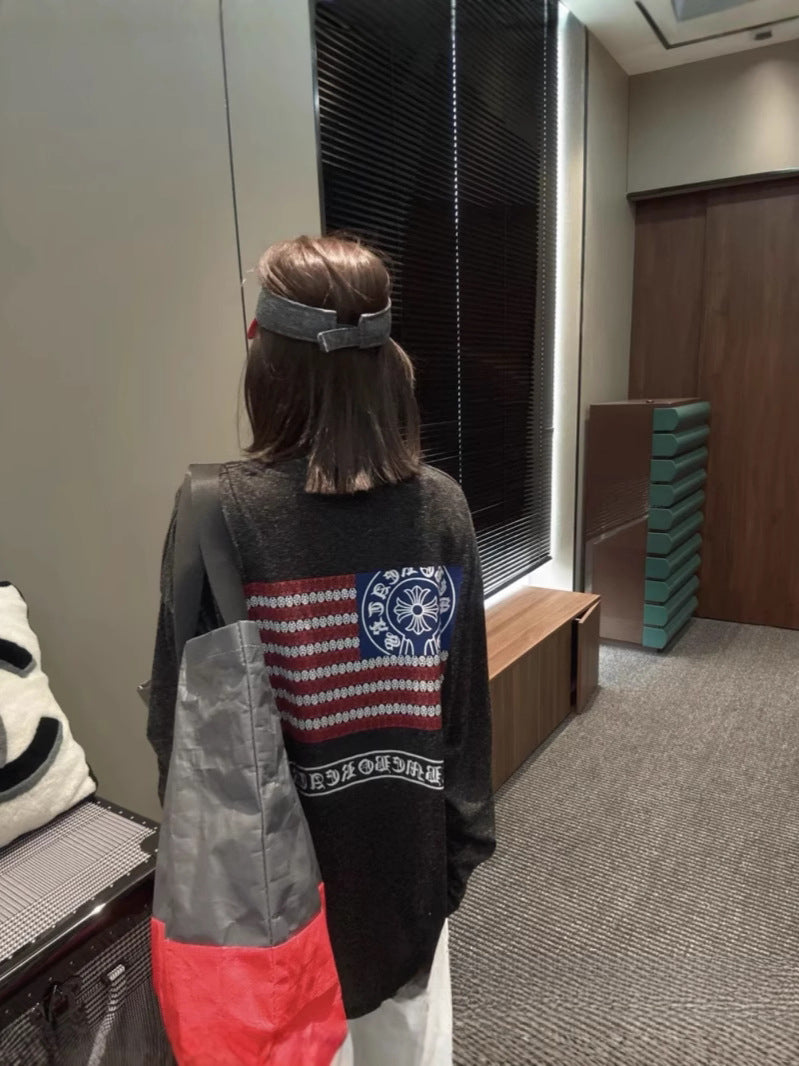 25ss New Ch Crow Snowflake Cotton Long Sleeve Summer Thin Loose Lazy Back Print T-Shirt Women Round Neck