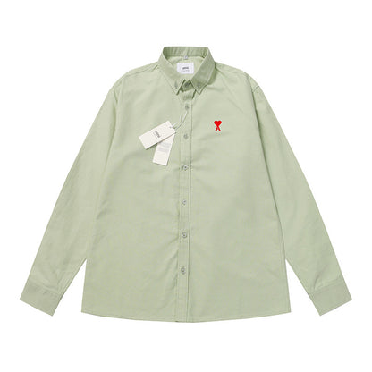 Trendy Brand Am* Small Heart Embroidered Shirt Casual Loose Fit Unisex Couple Style Amy Cotton Long Sleeve Top(2)