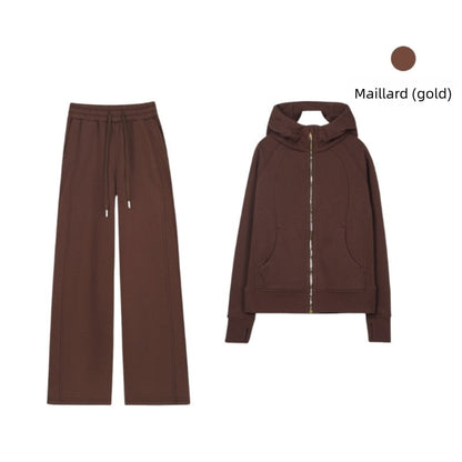 LULU Embroidered Hooded Zipper Cardigan Slim Fit Sweatshirt Set Fleece Lined Full Zipper Cardigan Jacket Gold Label