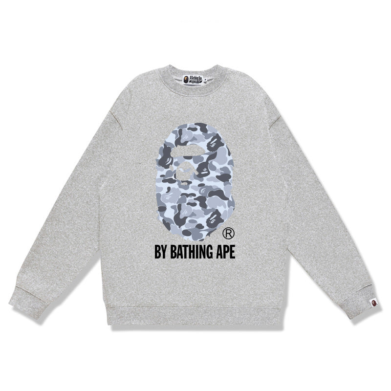 Terry Sweatshirt with Ape Man Letter Print, Unisex, Pure Cotton, Loose Fit, Thin, Crew Neck Pullover Top, Outerwear