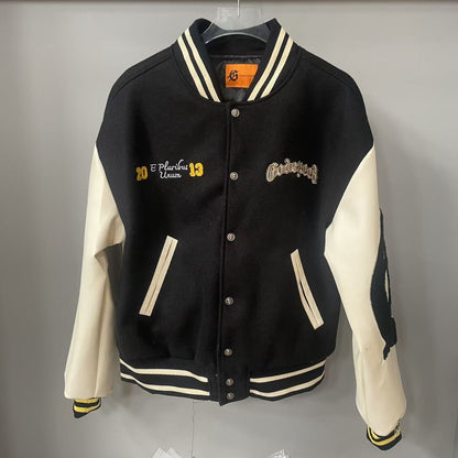 GODSPEED Heavy Embroidery PU Leather Patchwork Jacket Coat Unisex Woolen Padded Baseball Jacket