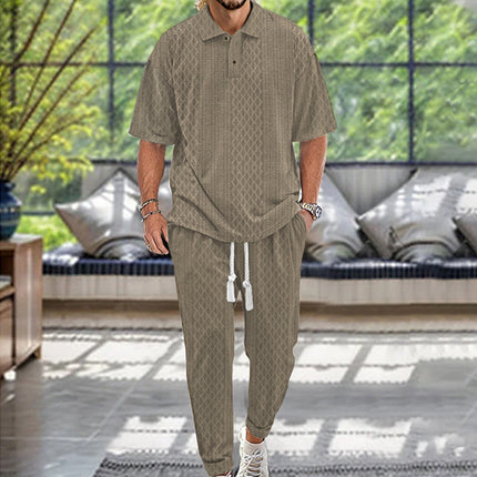 2025  Short-Sleeved Men's T-shirt Loose Leisure Suit Summer Simplicity Solid Color Jacquard Heavy T-shirt Trousers Suit