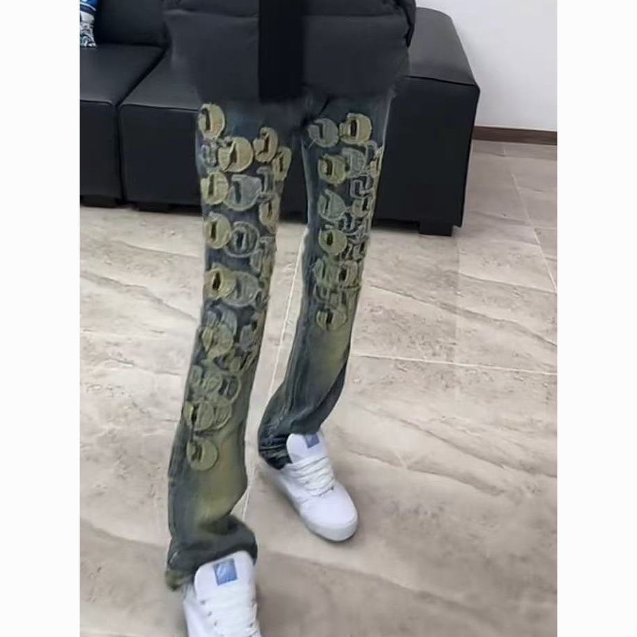 Cross-Border Foreign Trade AM American High Street Ripped Patch Letter Embroidery Washed Slim Straight Skinny Jeans Long Pants