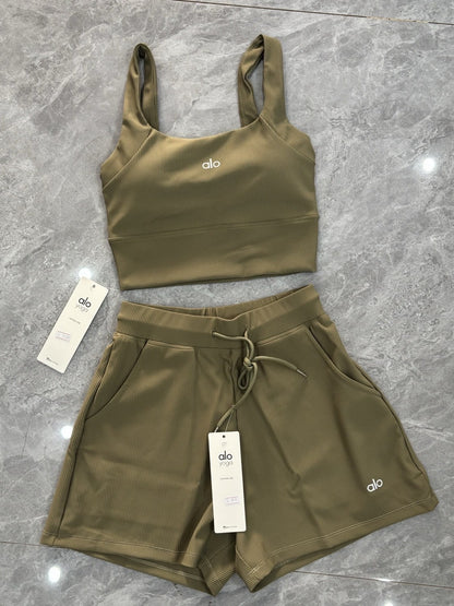Al Yoga Bra High Elasticity Sleeveless Waffle Solid Color Tank Top Shorts Casual Set Yoga Fitness