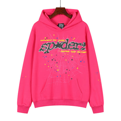 Beautiful Fashion Brand Men's and Women's Same Style 555555 Cobweb Puff Print Hip Hop Loose Heavy Terry Hooded Sweater Set
