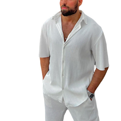 Men's Casual Loose Beachwear Solid Color Striped Short Sleeve Suit Southeast Asian Men's Shirt Two-Piece Set