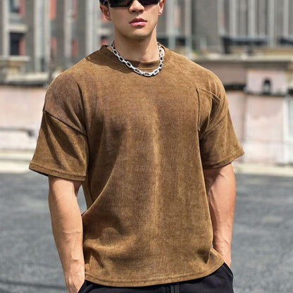 New Muscle Fitness Brothers Sports Men's T-Shirt Spring Summer Round Neck Corduroy Casual Running Men's Pocket T-Shirt