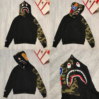 Fashion Brand Shark Camouflage Zipper Sweater Men and Women Couple Loose Cotton Fleece-lined Hooded Cardigan Coat Men