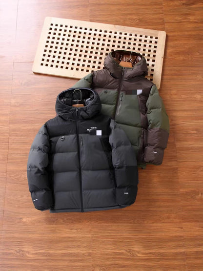 GMabcd UE Down Jacket Unisex Color Block T Waterproof Warm Color Block Hooded Thickened Couple Hooded Down Jacket