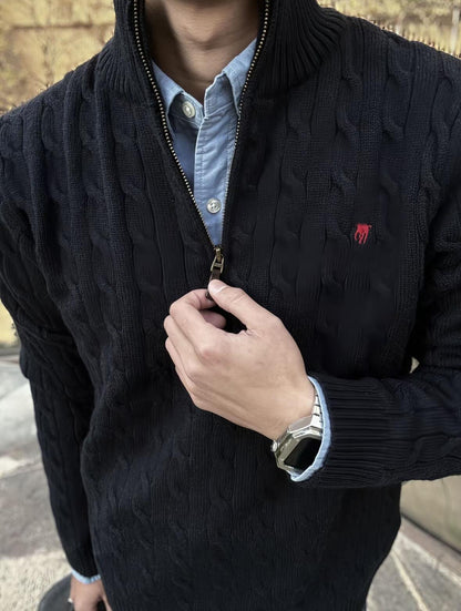 Real Shot RL Raffi Pony Label Embroidered Knit Sweater Men Autumn Winter Stand Collar Cable Couple Half Zip Sweater Women