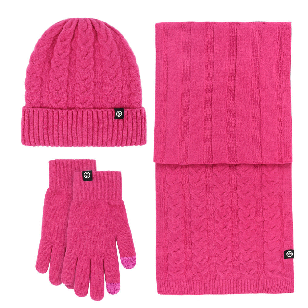 New Solid Color Wool Warm Hat Scarf Gloves Three-Piece Set Cold-Proof Fur Ball Fleece-lined Knitting Suit