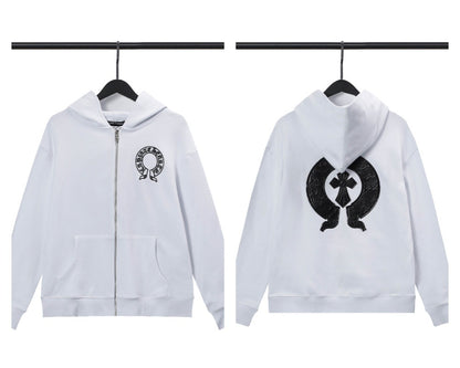 CH Autumn Winter New Cross Scroll Simple Classic Hooded Sweatshirt Zipper Pure Cotton Jacket