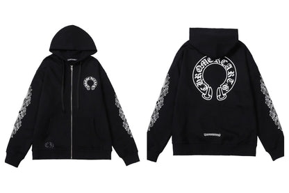 CH Autumn Winter New Cross Scroll Simple Classic Hooded Sweatshirt Zipper Pure Cotton Jacket