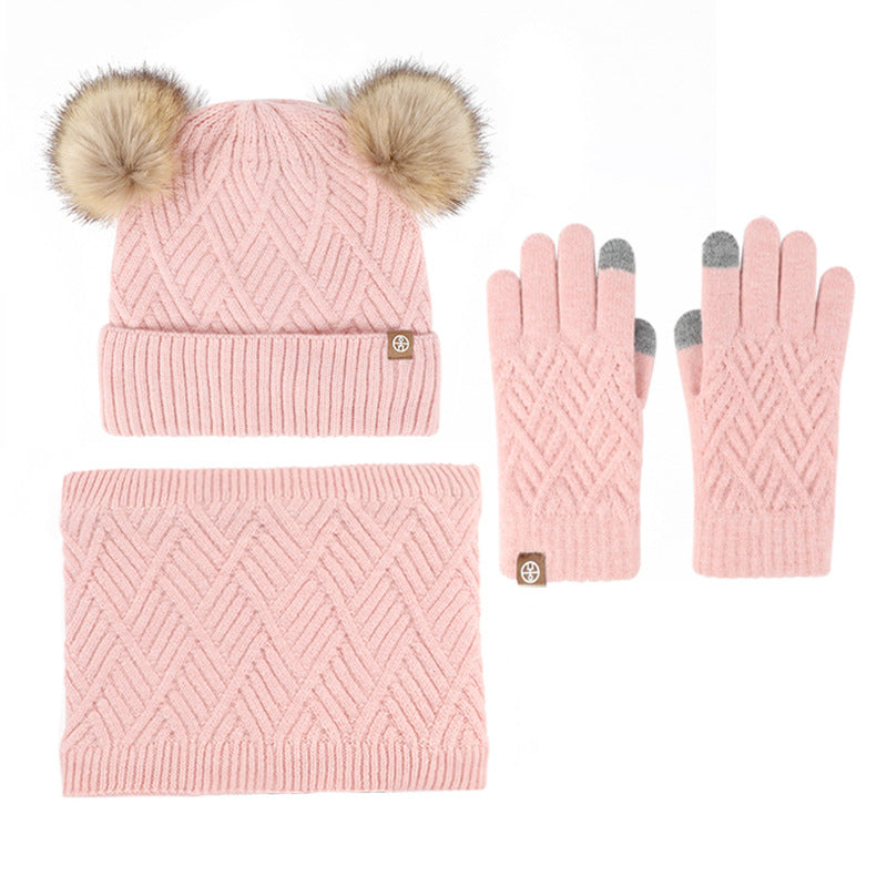 Children's Fur Ball Hat Scarf Gloves Three-Piece Set Winter Children Fleece-lined Thermal Knitting Suit