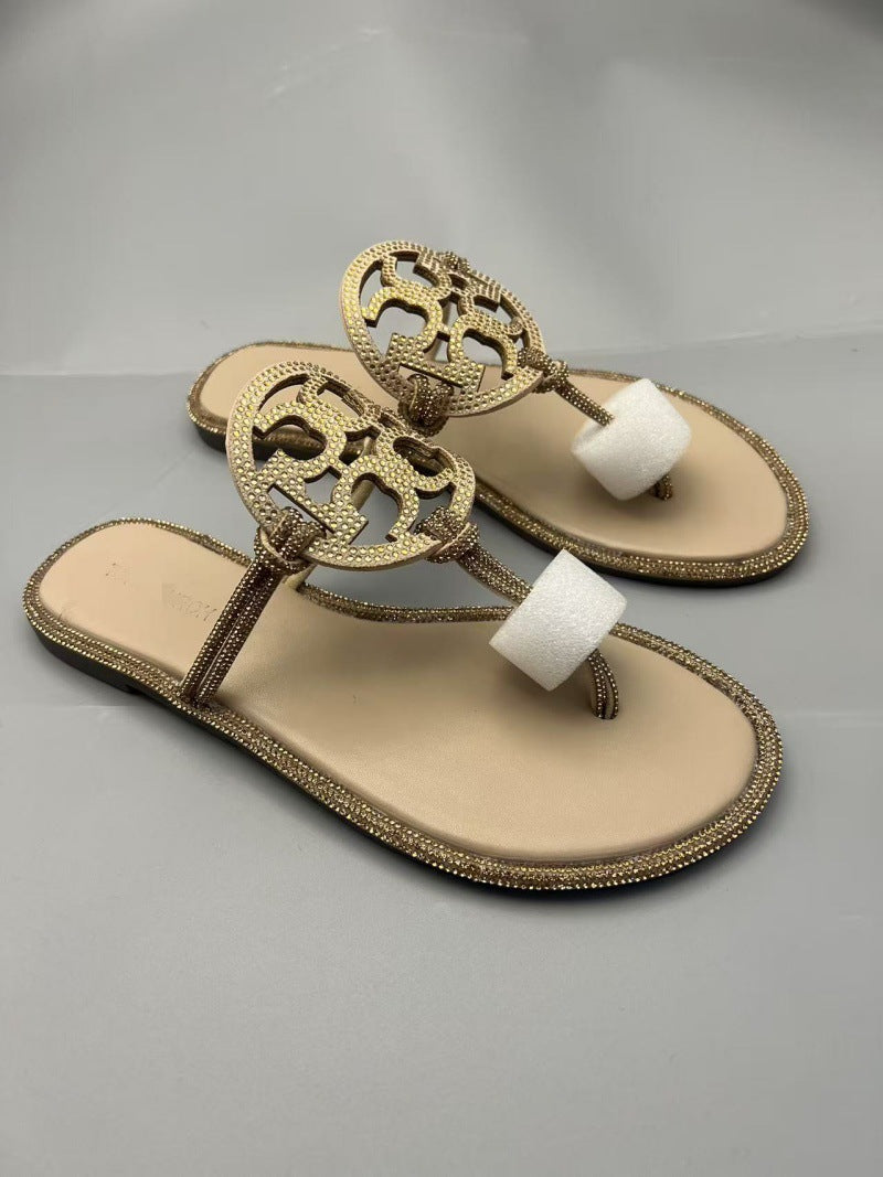 TB Women's Slippers 2025 Summer New Diamond Flip-Flops Beach Foreign Trade  Large Size Sandals Slippers