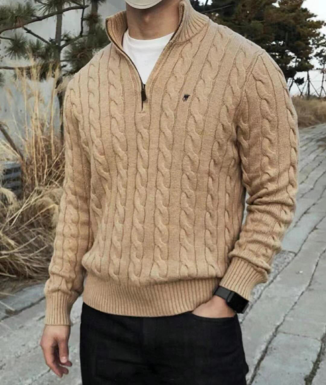 Real Shot RL Raffi Pony Label Embroidered Knit Sweater Men Autumn Winter Stand Collar Cable Couple Half Zip Sweater Women