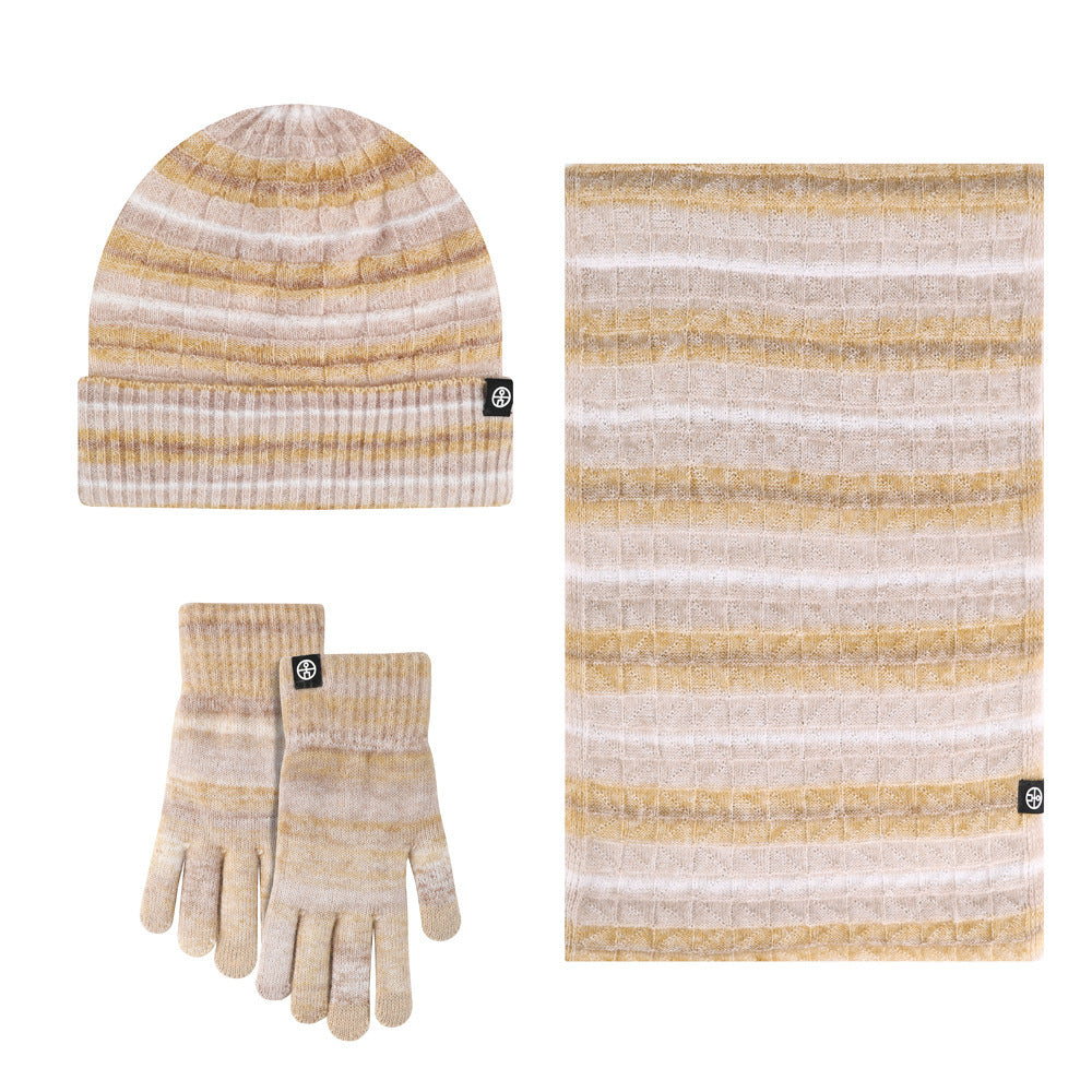 New Solid Color Wool Warm Hat Scarf Gloves Three-Piece Set Cold-Proof Fur Ball Fleece-lined Knitting Suit