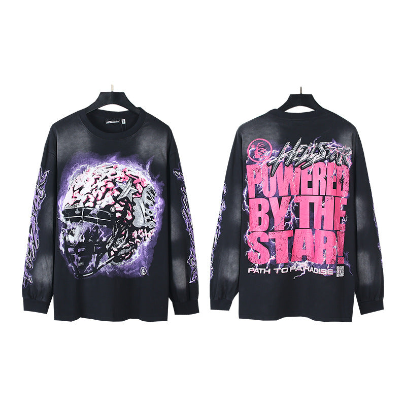 2025 Summer New American Fashion Brand Male and Female Couples Wear plus Size Loose Pullover Long Sleeve T-shirt Teenagers