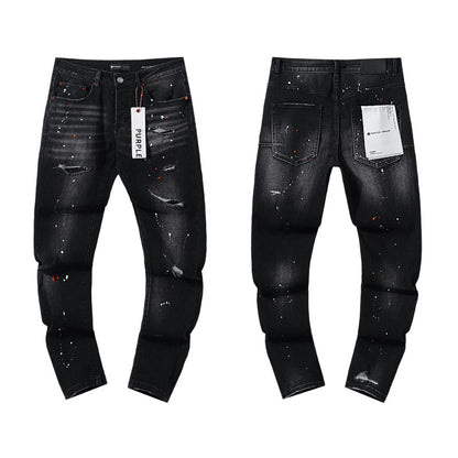Jeans Washed and Distressed Retro Tattered Jeans Splash Ink Ruffle Handsome and Beautiful Style