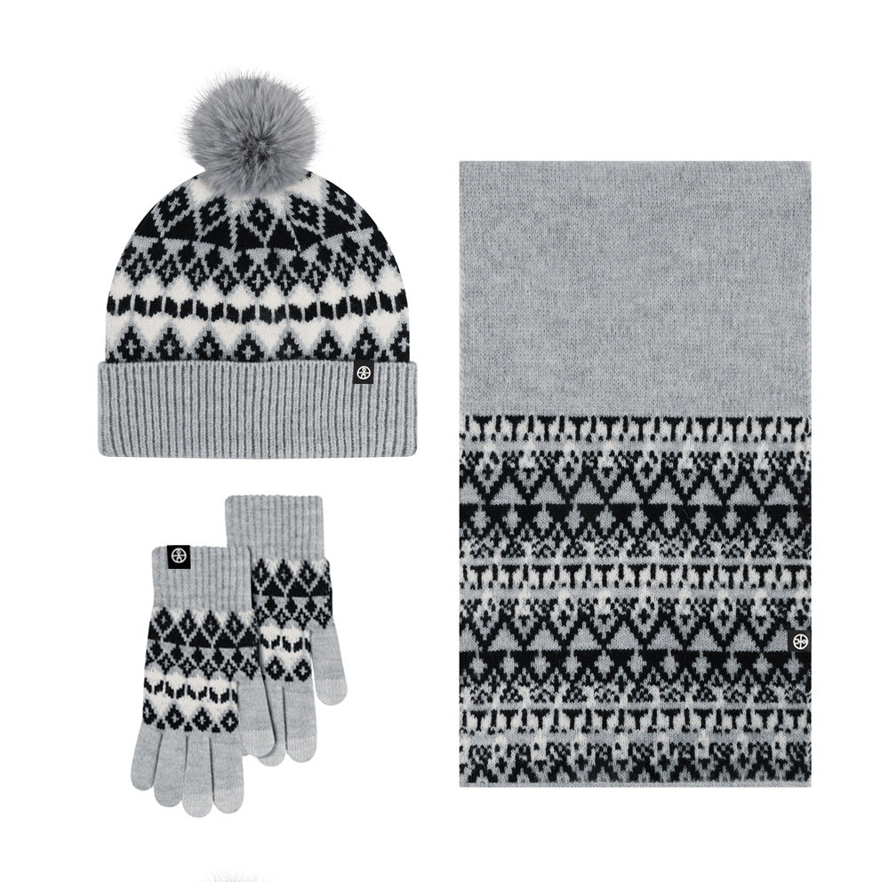 European and American Adult Fur Ball Hat Scarf Gloves Three-Piece Suit Winter Warm Jacquard Knitted Hat 3-Piece Set