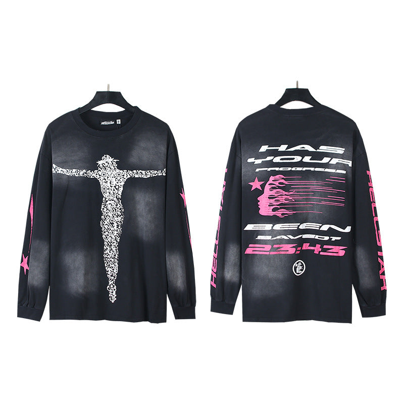 2025 Summer New American Fashion Brand Male and Female Couples Wear plus Size Loose Pullover Long Sleeve T-shirt Teenagers