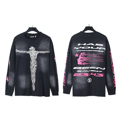2025 Summer New American Fashion Brand Male and Female Couples Wear plus Size Loose Pullover Long Sleeve T-shirt Teenagers