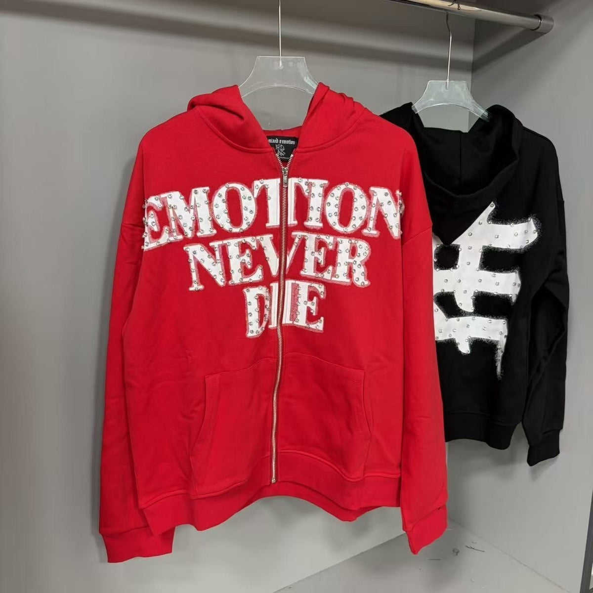 MIXED EMOTION rhinestone letter zip hoodie g3