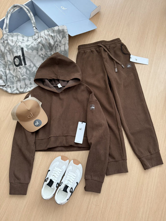 GMabcd Spring New Fashion Playful Short Hoodie + Jogger Corduroy Set