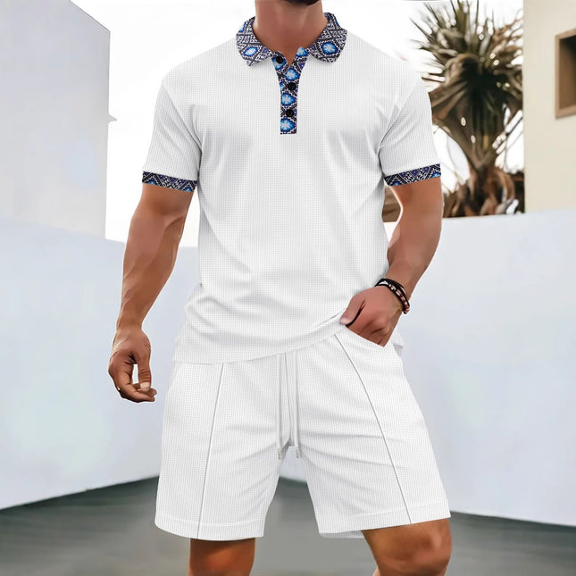 Men's New Waffle Zipper Solid Color Turn-Down Collar Short Sleeve T-Shirt Shorts Casual Set