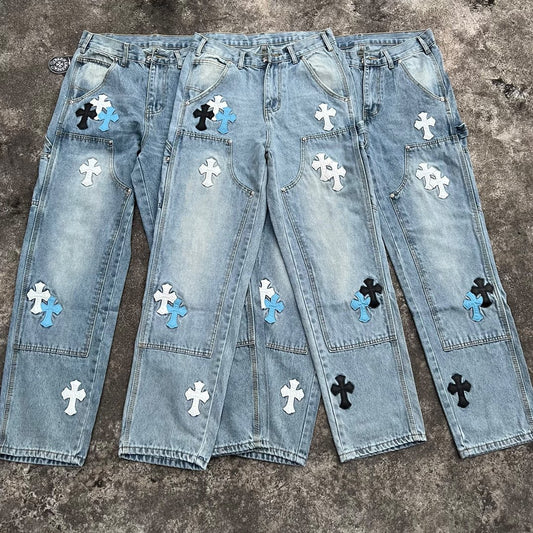 Top Heavy Industry Crafted CH Double Knee Cross Patch Leather B01 Version Logging Pants Straight Leg Sanskrit Workwear Pants High Street Jeans