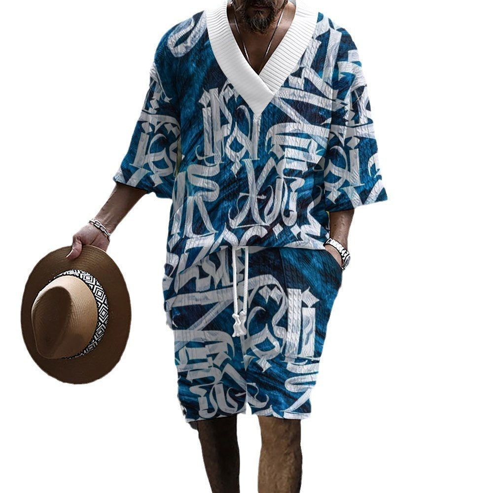 Graffiti Print Men's Three-Quarter Sleeve Short Sleeve Shorts Oversize Drop Shoulder Casual Set