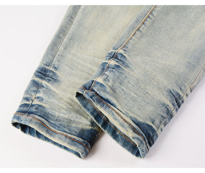 High Street Fashion Men's Jeans with Ripped Patches, Distressed Light Blue Slightly Stretchy Slim Fit Skinny Pants, Trendy Long Pants for Men