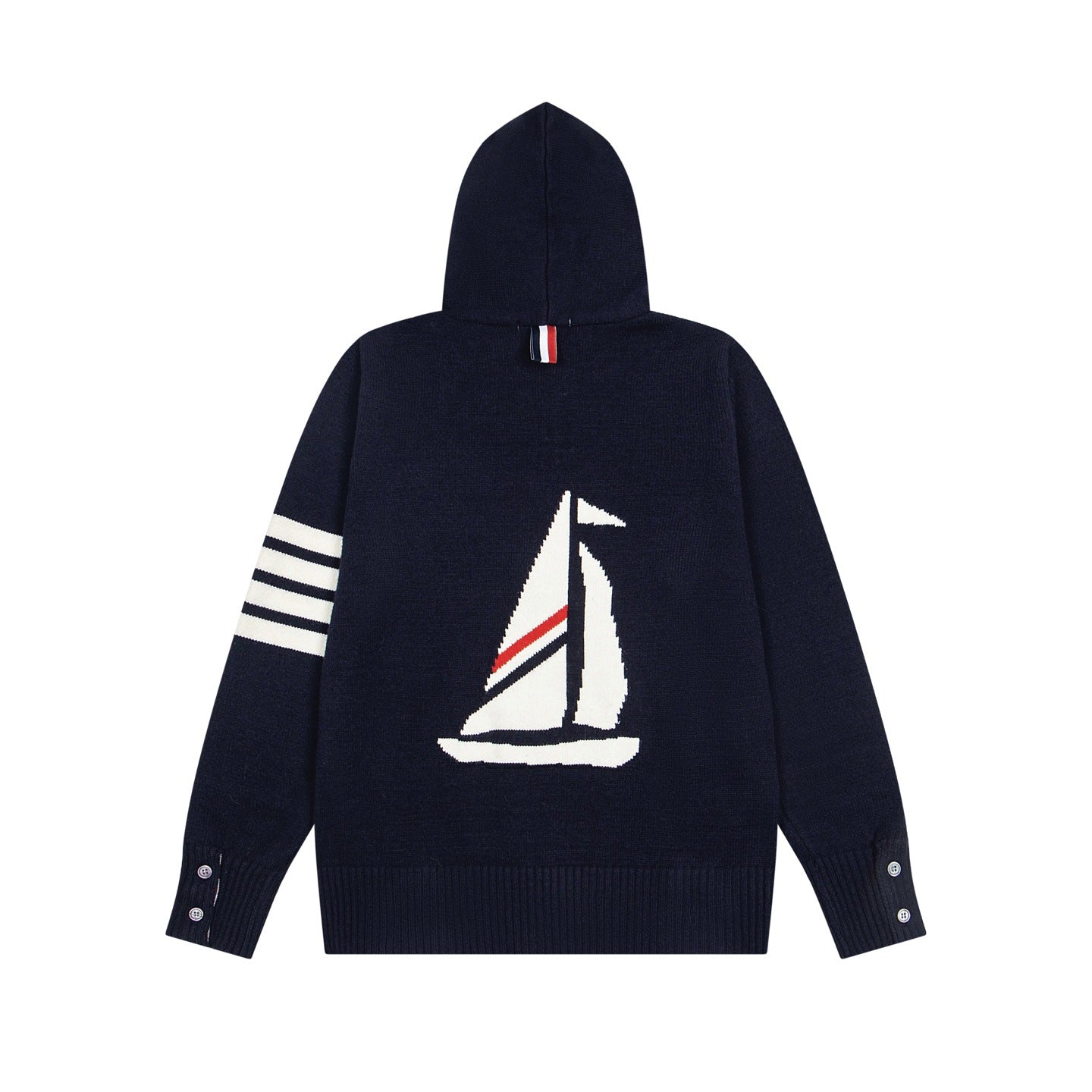 Tom Browne TB Sailboat Hooded Cardigan Color Block Zipper Knitted Sweater Jacket