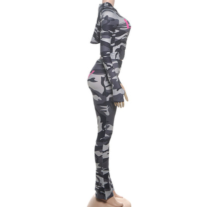 2025 Autumn Women's New Fashion Hooded Camouflage Print Long Sleeve Sports Trendy Slim Fit Long Pants Two-Piece Set