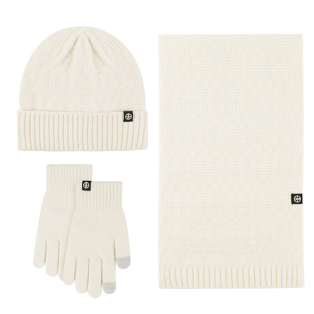 Winter New Japanese Style Knitting Gloves Scarf Hat Three-Piece Set Wool Warm Cold-Proof Fur Ball Scarf Three-Piece Set