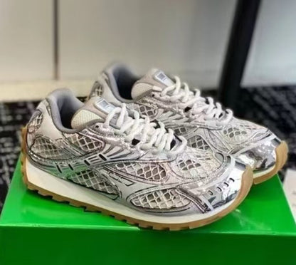GMabcd New Casual Genuine Leather Mesh Patchwork Dad Shoes Versatile Fashion Couple Lace-up Sneakers