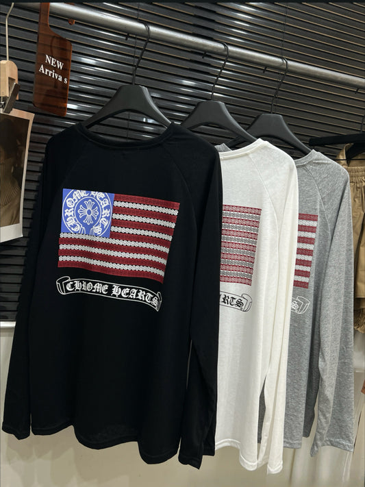 25ss New Ch Crow Snowflake Cotton Long Sleeve Summer Thin Loose Lazy Back Print T-Shirt Women Round Neck