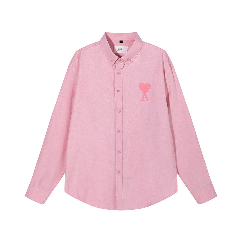 Trendy Brand Am* Small Heart Embroidered Shirt Casual Loose Fit Unisex Couple Style Amy Cotton Long Sleeve Top