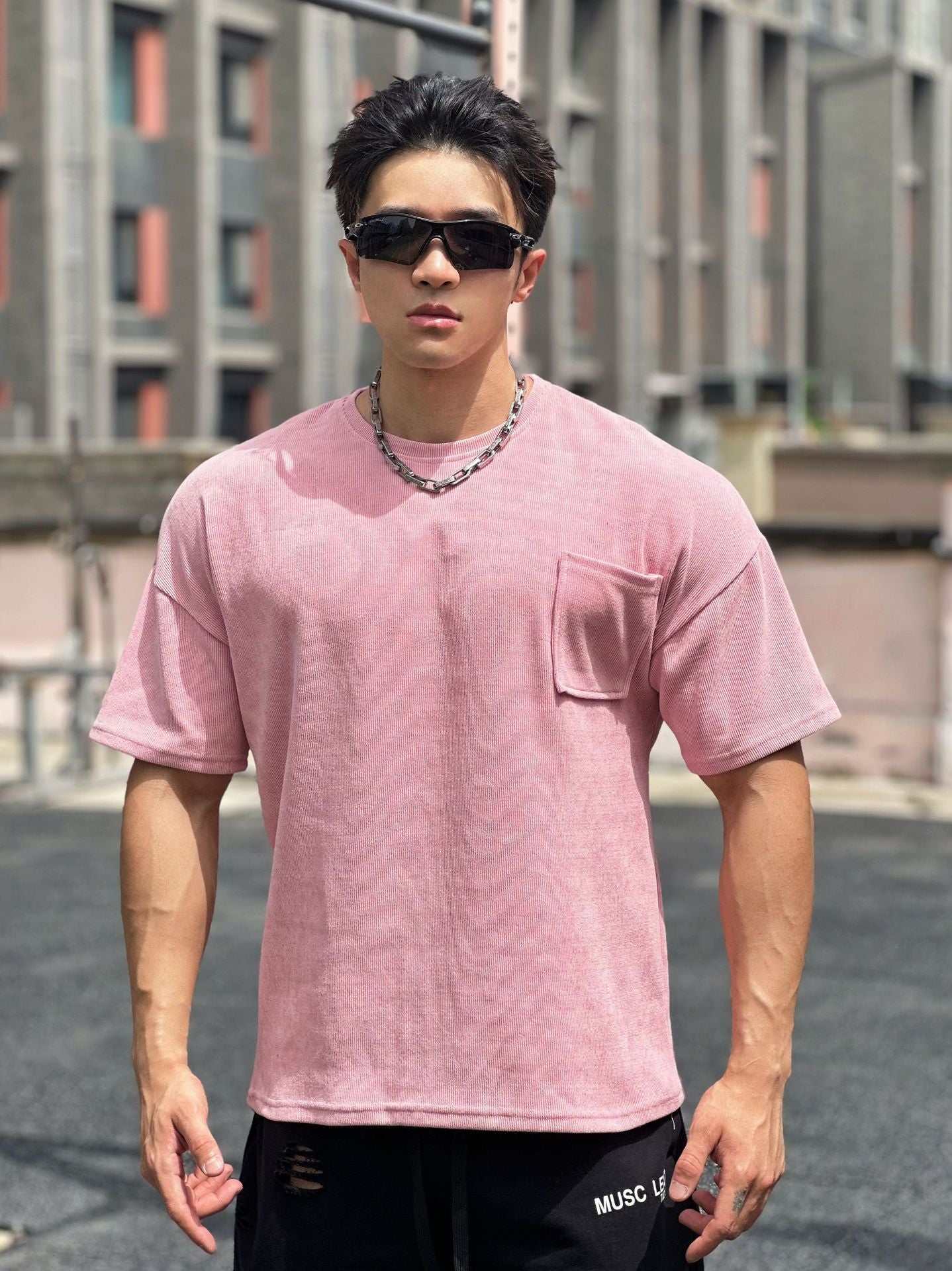 New Muscle Fitness Brothers Sports Men's T-Shirt Spring Summer Round Neck Corduroy Casual Running Men's Pocket T-Shirt