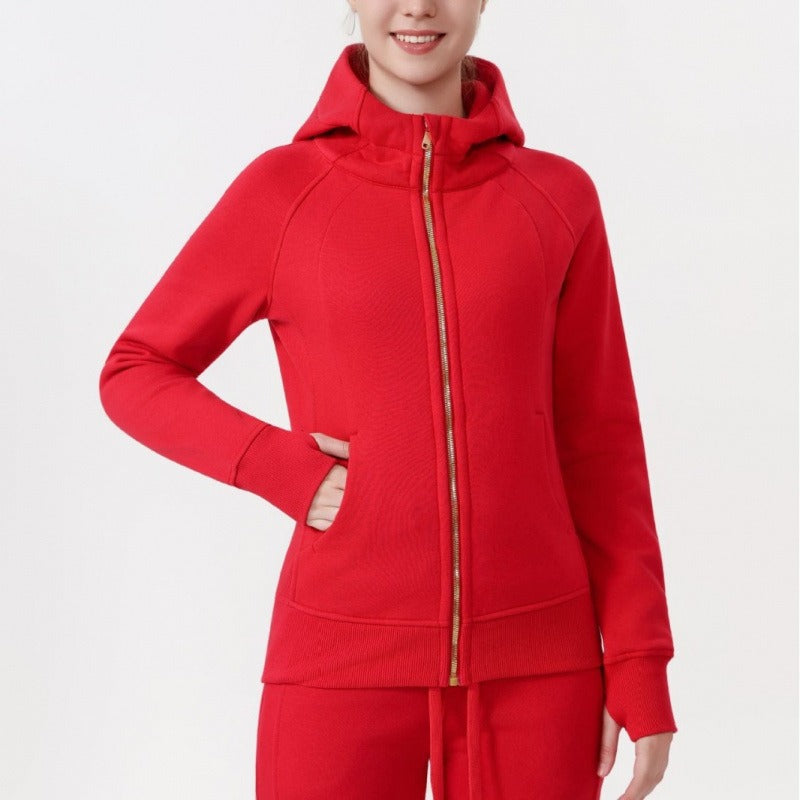 LULU Embroidered Hooded Zipper Cardigan Slim Fit Sweatshirt Set Fleece Lined Full Zipper Cardigan Jacket Gold Label