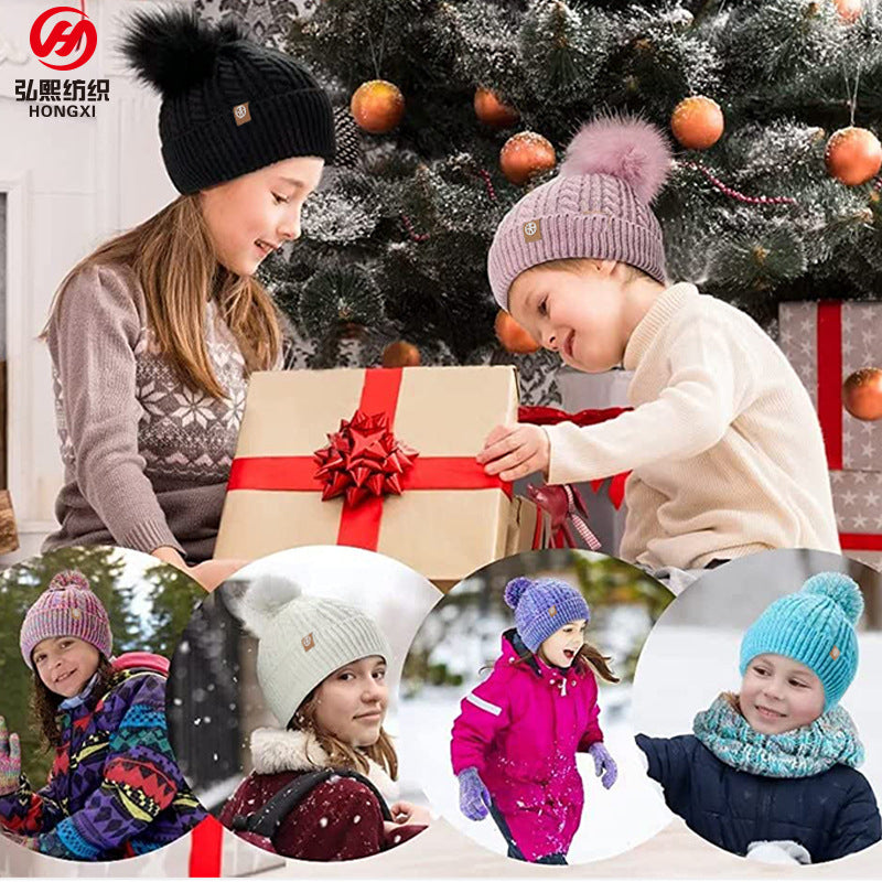 Children's Fur Ball Hat Scarf Gloves Three-Piece Set Winter Children Fleece-lined Thermal Knitting Suit